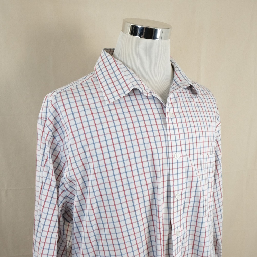 Oak Hill 19 35/36 Classic Fit Dress Shirt Red White Blue Plaid Easy Stretch Mens